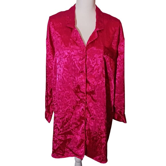 VTG Lucie Ann II Hot Pink Satin‎ Longsleeve Button-Up Collared Nightshirt Size M